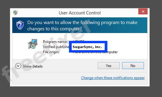 Screenshot where SugarSync, Inc. appears as the verified publisher in the UAC dialog